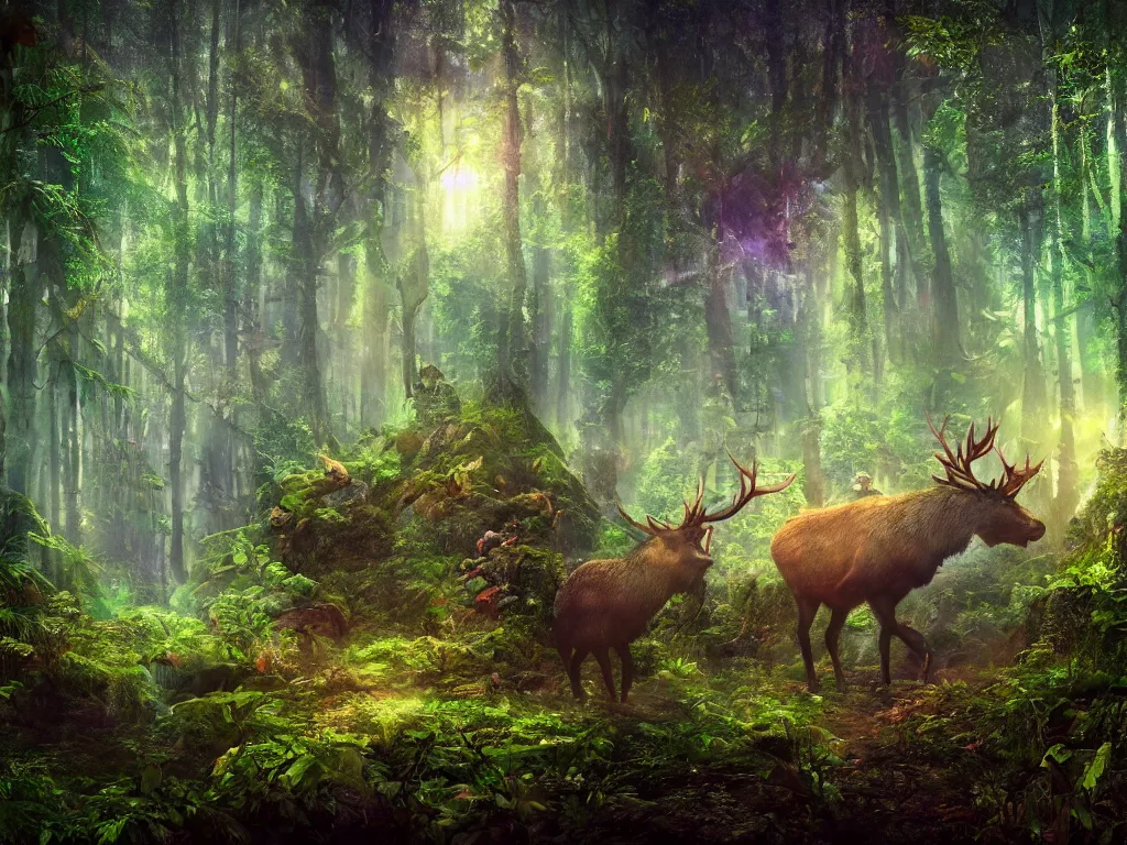 Prompt: a fantasy beautiful dense biorelevant rainforest setting, ultrawide angle, a large blue glowing elk herd, surround it with pixie dust ether floating in the air, hdr, epic scale, cmyk, deep spectrum color