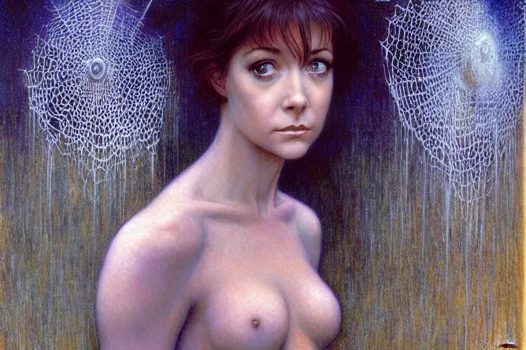 Image similar to cute young alyson hannigan with short hairs in cobweb by jean delville by luis royo and wayne barlowe, beksinski