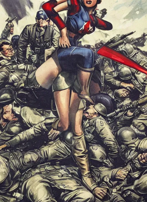 Image similar to beautiful female captain america standing on a pile of defeated german soldiers. feminist captain america wins wwii. american wwii propaganda poster by james gurney overwatch. anime.