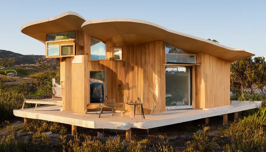 Image similar to An architectural rending of an eco-community neighborhood of innovative contemporary 3D printed sea ranch style cabins with rounded corners and angles, beveled edges, made of cement and concrete, organic architecture, on the California coastline with side walks, parks and public space , Designed by Gucci and Wes Anderson, golden hour