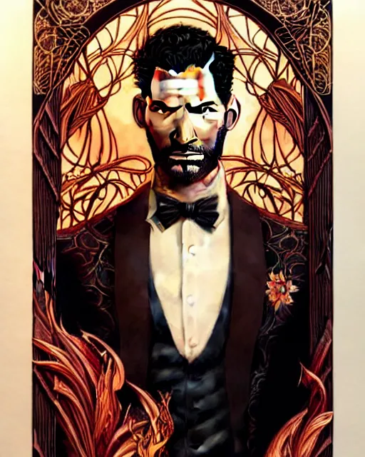 Prompt: tom ellis ( lucifer ) portrait sitting in a burning chair, art nouveau, fantasy, intricate flower designs, elegant, highly detailed, sharp focus, art by artgerm and greg rutkowski and wlop