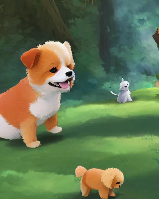 Prompt: illustration of a corgi and a maltipoo playing together by disney and studio ghibli, studio ghibli color scheme, cgsociety, artstation, sharp focus, digital painting