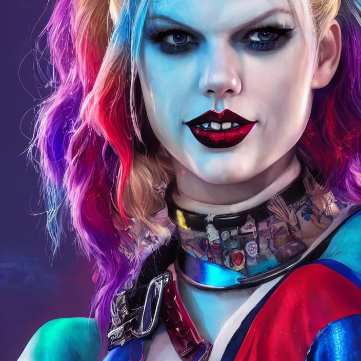 Image similar to portrait of Taylor Swift as a harley quinn in Suicide Squad. intricate abstract. intricate artwork. by Tooth Wu, wlop, beeple, dan mumford. octane render, trending on artstation, greg rutkowski very coherent symmetrical artwork. cinematic, hyper realism, high detail, octane render, 8k, iridescent accents