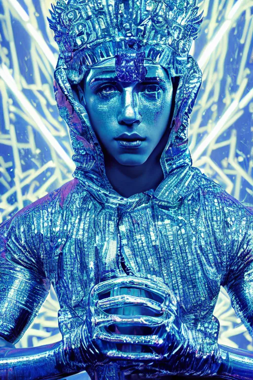 Image similar to hyper detailed ultra sharp portrait of baroque and bladerunner delicate neon diamond sculpture of seductive albino pharaoh nick jonas, diamond sphinx blue iridescent humanoid deity wearing metallic hoody made out of hands holding the sun prismatic dungeon, glowing blue face, crown of white diamonds, cinematic lighting, photorealistic, octane render 8 k depth of field 3 d