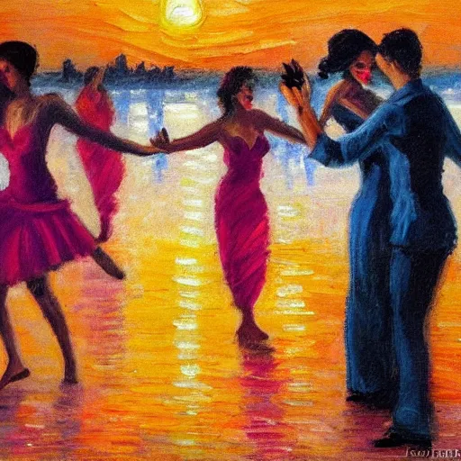 Image similar to impressionist painting of salsa dancers near the seine at sunset