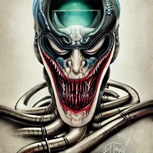 Image similar to underwater biopunk giger scorn portrait of joker venom, Pixar style, by Tristan Eaton Stanley Artgerm and Tom Bagshaw.