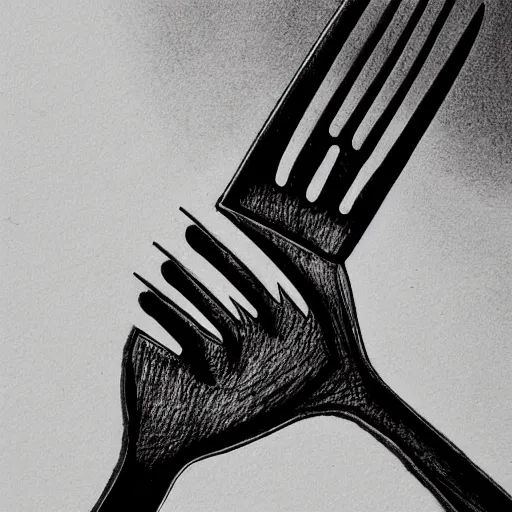 Prompt: a fork breaking, black and white ink, detailed, hyperrealistic trending on artstation