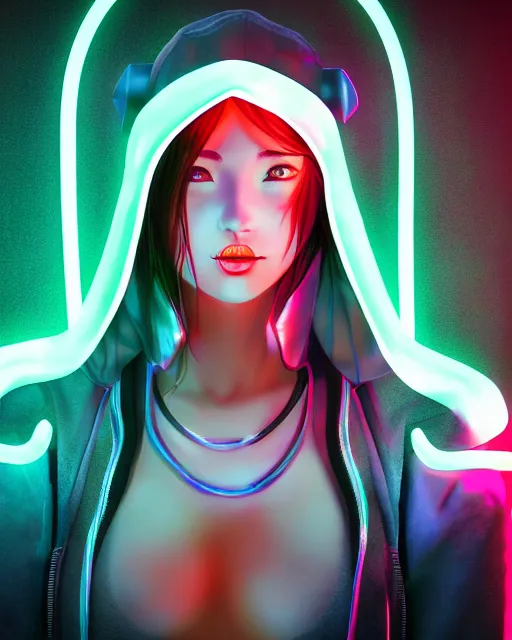 Image similar to a cyberpunk girl wearing neon hoodie, chrome, neon light, japan, perfect face, high detailed, realistic, preatty face, asian, long hair, cyberpunk, geisha, arcane style, 3 d mix with 2 d