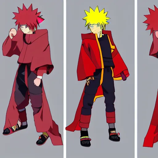 Image similar to Fusion of Naruto Uzumaki from the anime Naruto and Dante from the game Devil May Cry in the style of Araki Hirohiko, character design sheet