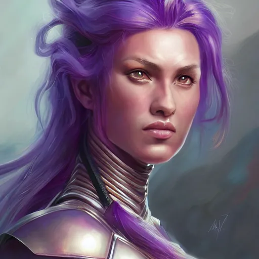 Prompt: a portrait of a very beautiful warrior woman in futuristic battle armor, Alexandria\'s genesis, chin-length purple hair, bored, illustration, soft lighting, soft details, painting oil on canvas by mark arian by artgerm, trending on artstation, 4k, 8k, HD