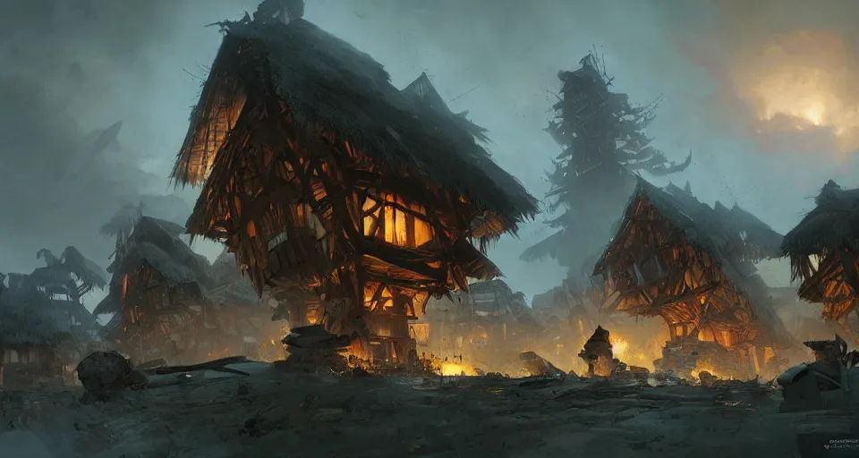 Image similar to one single giant ogre attacks wooden village houses. Destruction. Atmospheric beautiful by Eddie mendoza and Craig Mullins. volumetric lights