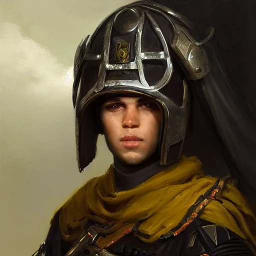 Image similar to Medium closeup young idealistic and pious male Imperial soldier wearing a black tabard with light yellow accents over a gambeson and a steel open helm, by Raymond Swanland Greg Rutkowski Lise Deharm, {perfect face}, {perfect eyes}