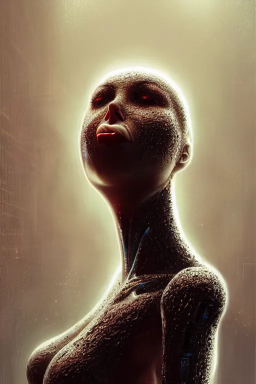 Image similar to attractive female i robot sticking tongue out sensually and sweating, torso portrait, intricate, elegant, volumetric lighting, scenery, digital painting, highly detailed, artstation, sharp focus, illustration, concept art, luis rollo, ruan jia, steve mccurry, john berkey