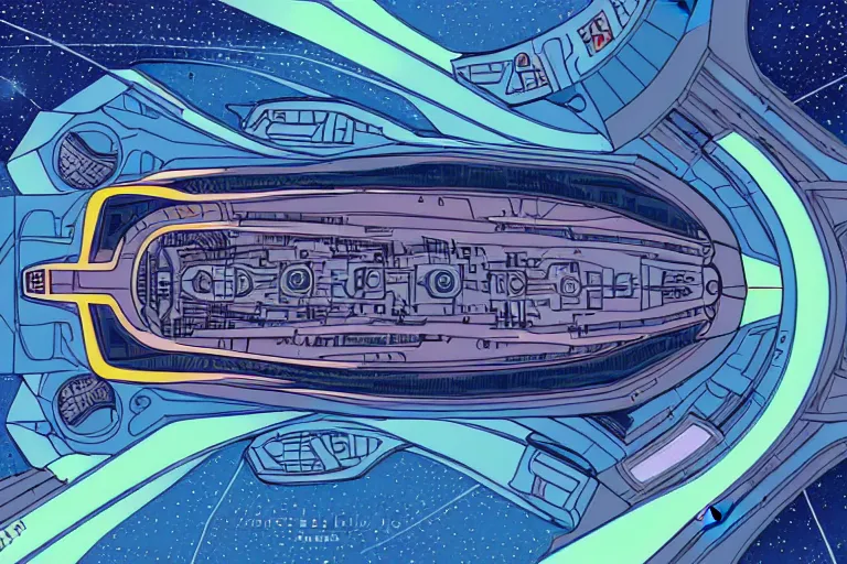 Prompt: a scifi illustration, hyper detailed spaceship interior. top down view. flat colors, limited palette in FANTASTIC PLANET La planète sauvage animation by René Laloux