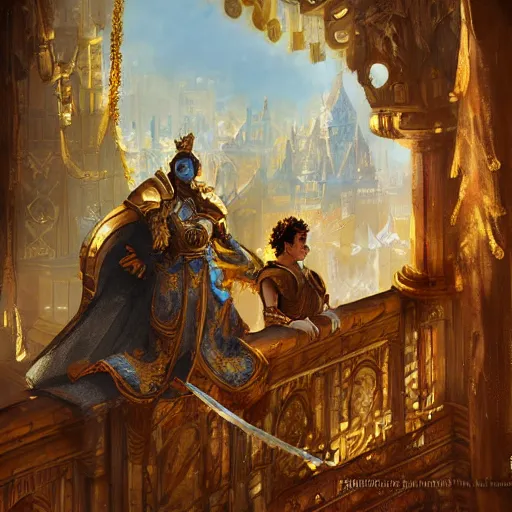 Image similar to A young king in golden armor making a speech from a balcony with his servant beside him, fantasy, highly detailed, digital painting, artstation, concept art, illustration, art by Bayard Wu and Marc Simonetti