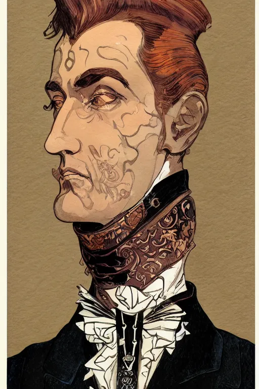 Prompt: zoomed out portrait of a duke, victorian era, art deco style, stylized illustration by moebius and jean - baptiste monge, watercolor gouache detailed paintings in style of syd mead, metabaron, mucha, ghibli studio and disney vibe, diesel punk, artstation