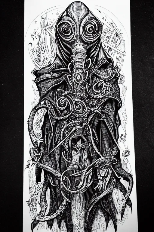 Image similar to illithid warlock, black ink on paper, trending on artstation, beautiful, intricate, detailed