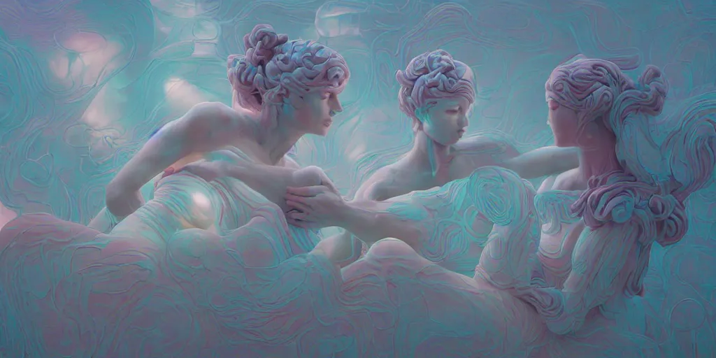 Prompt: soft greek sculpture of intertwined bodies painted by james jean in pastel colors. artwork by Tooth Wu and wlop and beeple and dan mumford and greg rutkowski and nekroxiii. halo. octane render, cinematic, hyper realism, redshift render, 8k, depth of field, bokeh. iridescent accents. vibrant.
