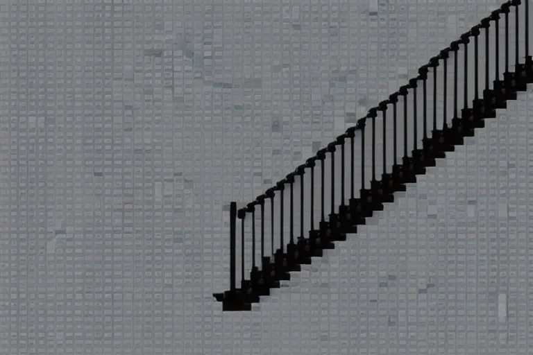 Prompt: a darkened stairway made of lego, with a small faceless figure walking down them, digital art