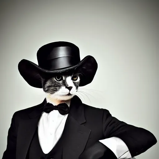 Image similar to a cat gentleman wearing a black leather hat, black suit, frontal view, cool looking