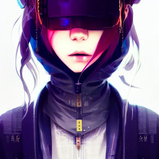 Image similar to by kyoto animation, cool girl wearing cyberpunk intricate streetwear, beautiful, detailed symmetrical close up portrait, intricate complexity, in the style of artgerm and ilya kuvshinov, cell shaded, 4 k, concept art, by wlop, krenz cushart, greg rutkowski, pixiv. cinematic dramatic atmosphere, cinematic lighting, studio quality