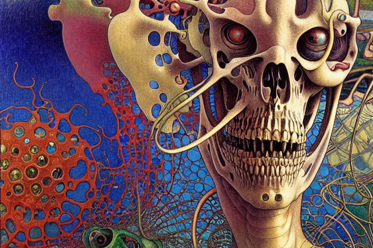 Image similar to realistic detailed closeup portrait painting of a single skeleton in a crowded futuristic street by Jean Delville, Amano, Yves Tanguy, Alphonse Mucha, Ernst Haeckel, Edward Robert Hughes, Roger Dean, rich moody colours, blue eyes