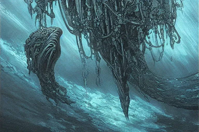 Prompt: dark underwater alien ocean, moebius, giger