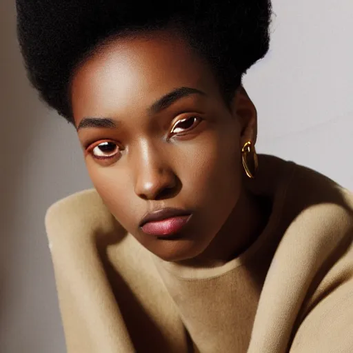 Image similar to close up of face of black fashion model, sitting on chair, beige colors, official jil sander editorial, highly detailed