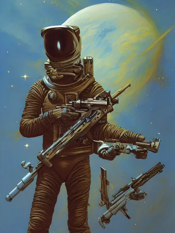 Prompt: a painting of a spaceman holding a rifle, concept art by michael whelan, tim white and vincent di fate, featured on deviantart, space art, concept art, sci - fi, cosmic horror