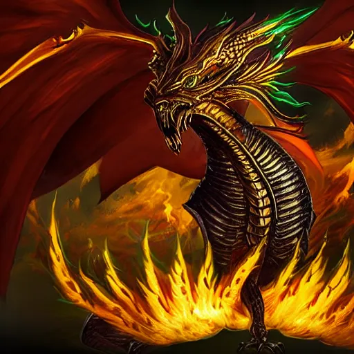Image similar to Golden dragon with flaming wings, MTG art style