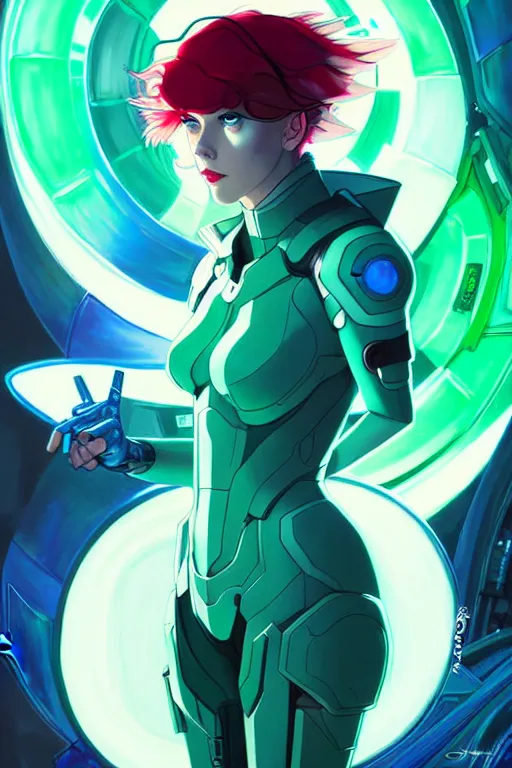 Prompt: style artgerm, joshua middleton, illustration, scarlett johansson as cyber punk warrior ghost in the shell wearing green pelt light armor, anime eyes, blue hair, swirling water cosmos, fantasy, dnd, cinematic lighting