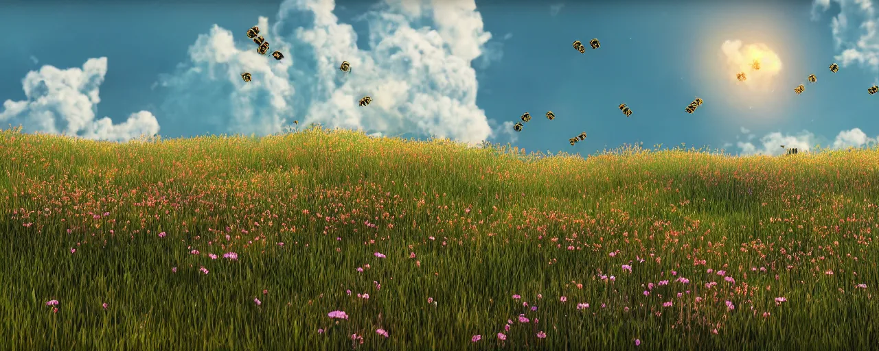 Image similar to a beautiful meadow landscape with cute happy bees flying, flowers, happy trees, photorealistic, octane render, rtx, hdr, unreal engine, digital art widescreen 8 k