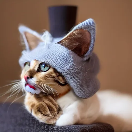 Image similar to cute cat photo licking tongue sticking out, wearing wool hat cat ears