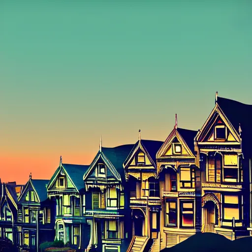 Image similar to a photograph of the painted ladies in san francisco at sunset artstation cyberpunk dreamscape high definition