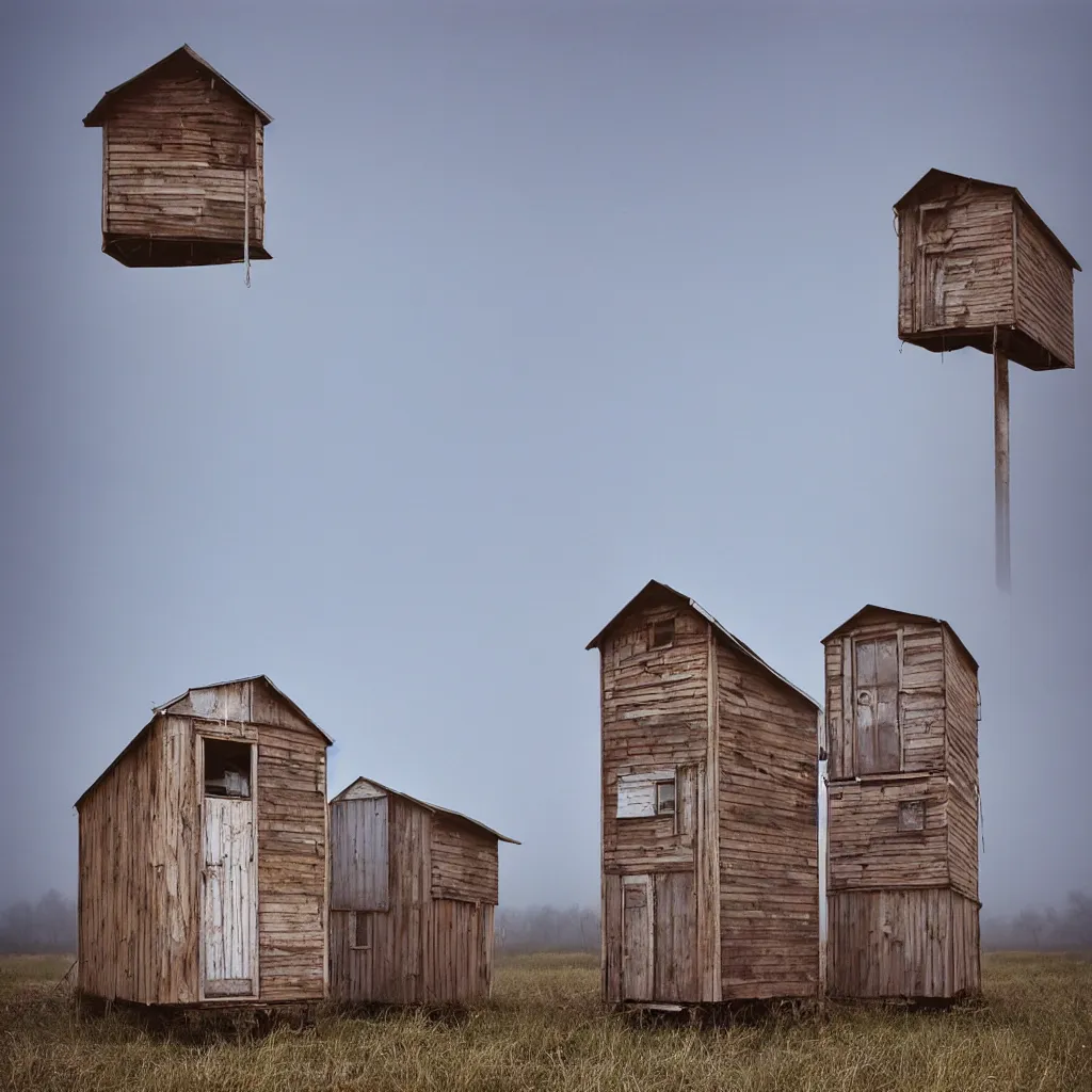 Prompt: two high towers made up of makeshift squatter shacks with faded colours, plain uniform sky at the back, misty, mamiya, ultra sharp, very detailed, photographed by julie blackmon