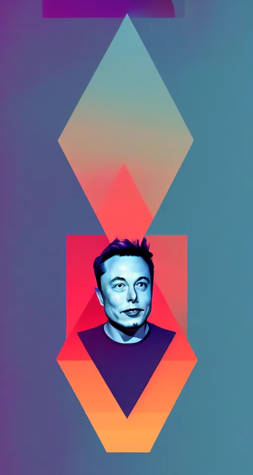 Image similar to portrait of elon musk as a geometric minimalist design, in the background there are isometric mountains with full moon behind the top, trending on artstation, cute digital art, monument valley