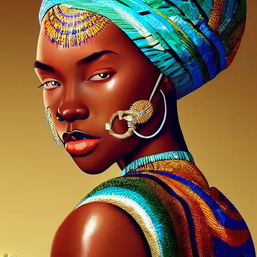 Image similar to A masterpiece portrait of a Incredibly beautiful African girl albino model. With big bright African jewelry. In African clothes. Vogue. trending on artstation, digital art, by Stanley Artgerm Lau, WLOP, Rossdraws, James Jean, Andrei Riabovitchev, Marc Simonetti, Yoshitaka Amano