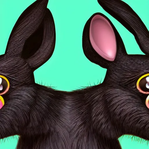 Image similar to A extremely highly detailed majestic hi-res beautiful, highly detailed head and shoulders portrait of a scary terrifying, horrifying, creepy black cartoon rabbit with scary big eyes, earing a shirt laughing, hey buddy, let's be friends, in the style of Walt Disney