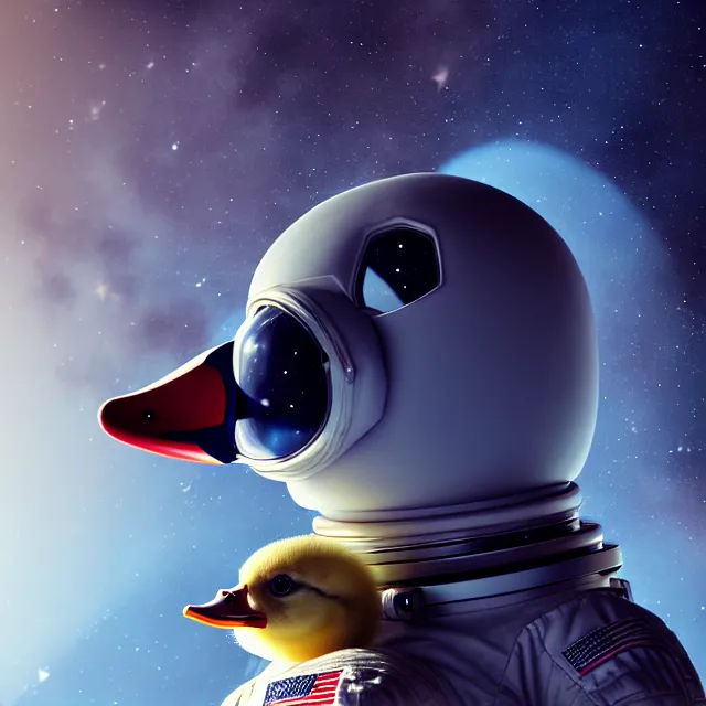 Image similar to epic portrait of an astronaut duckling, awesome gorgeous symmetrical perfect octane vfx maya render realistic