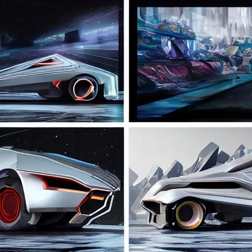 Image similar to sci-fi cars trucks motorcycles 50% of canvas in center and wall near structure on the coronation of napoleon painting and digital billboard in the middle and everything in style of zaha hadid and suprematism forms unreal engine 5 keyshot octane artstation trending bladerunner 2049 colors lighting ultra high detail ultra photo realistic 8k 16k in plastic dark tilt shift