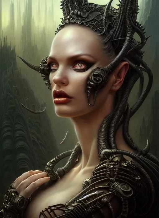 Image similar to closeup portrait shot of a succubus in a scenic dystopian environment, intricate, elegant, highly detailed, centered, digital painting, artstation, concept art, smooth, sharp focus, illustration, artgerm, tomasz alen kopera, peter mohrbacher, donato giancola, joseph christian leyendecker, wlop, boris vallejo