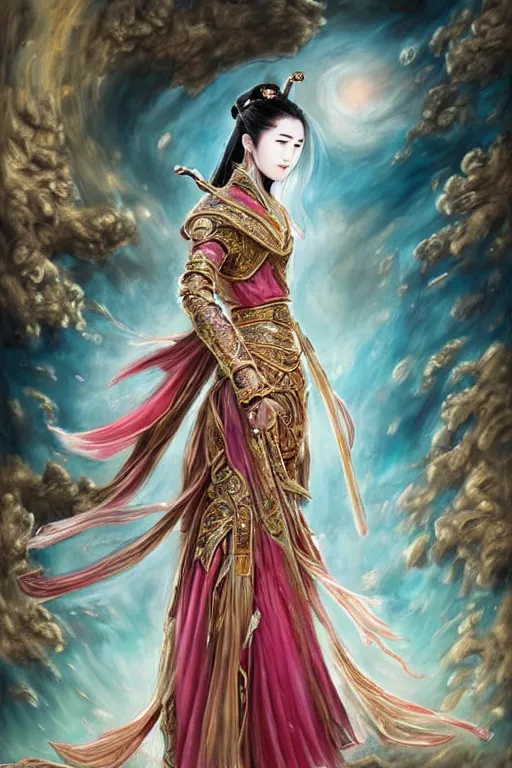 Image similar to beautiful ancient fantasy portrait of wuxia armored heroine, Liu Yifei, Zhao Lu Si wearing like Xian Xia wardrobe, in forbidden City, hybrid from Dynasty Warriror, flowers sea rainning everywhere, intricate, very very beautiful, elegant, highly detailed, digital painting, beautiful glowing galaxy eyes, human anatomy, hyperrealistic, soft light, dynamic, artstation, fantasy concept art, smooth, sharp focus, illustration, art by alphonse mucha and WLOP and tian zi