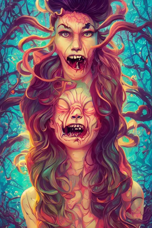 Prompt: a smiling cute zombie woman beautiful skin and wavy hair, tristan eaton, victo ngai, artgerm, rhads, ross draws