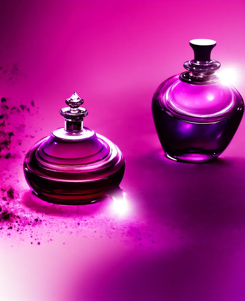 Image similar to close up shot of one premium perfume bottle containing purple liquid, the bottle is placed on a table, the bottle is in the middle of the scene, dust in the background, cinematic lighting!, spotlight, ultra detail, commercial, designer product, cinematic lighting, hd artstation, symmetrical, rendered, 4k