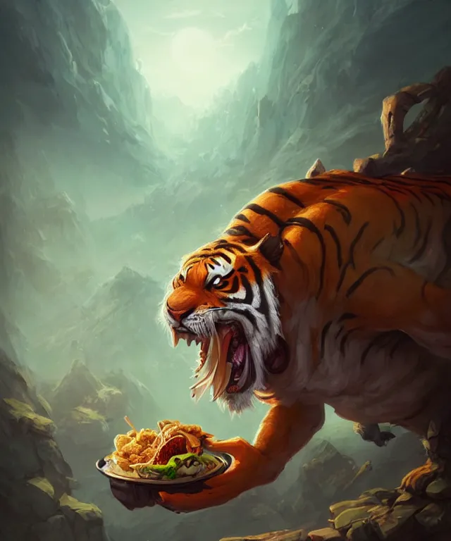 Image similar to a portrait an anthropomorphic tiger ninja eating tacosl, landscape in background, cute and adorable, dnd character art portrait, well rendered matte fantasy painting, deviantart artstation, by jason felix by steve argyle by tyler jacobson by peter mohrbacher, cinematic lighting