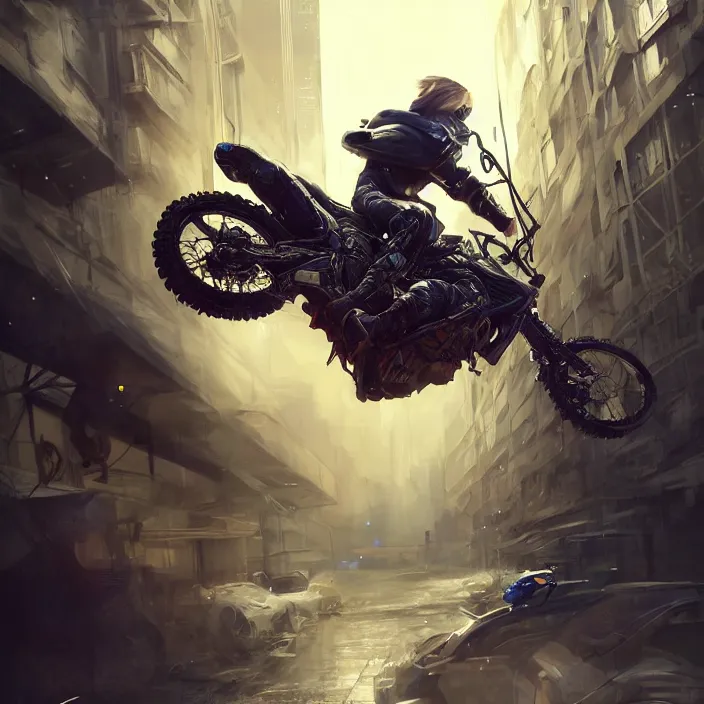 Image similar to beautiful blonde teenage boy wearing cyberpunk intricate streetwear riding dirt bike, beautiful, detailed portrait, cell shaded, 4 k, concept art, by wlop, ilya kuvshinov, artgerm, krenz cushart, greg rutkowski, pixiv. cinematic dramatic atmosphere, sharp focus, volumetric lighting, cinematic lighting, studio quality