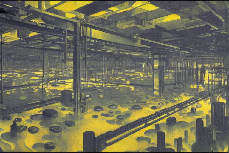 Prompt: isometric view of a factory floor, vats of radioactive slime, catwalks, industrial, glowing with silver light, painting by Franz Marc, by Jean-Léon Gérôme, by Winsor McCay, today's featured photograph, 16K