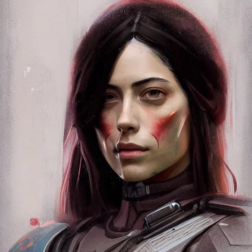 Image similar to portrait of a woman by greg rutkowski, rosa salazar as a young mandalorian bounty hunter from star wars expanded universe, highly detailed portrait, digital painting, artstation, concept art, smooth, sharp foccus ilustration, artstation hq