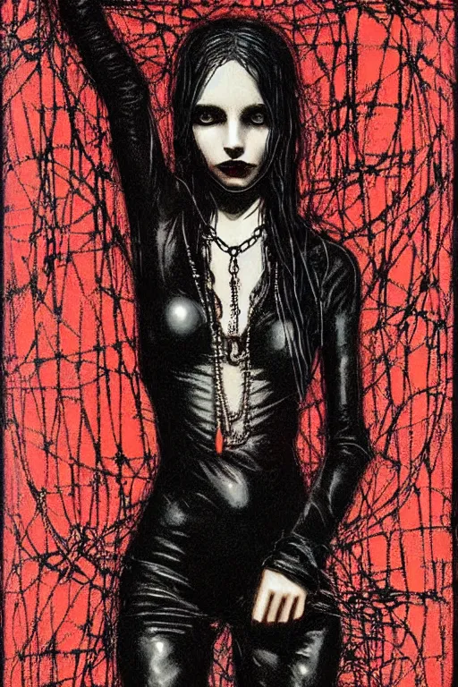 Prompt: dreamy gothic girl, black leather slim clothes, chains, red water, beautiful body, detailed acrylic, grunge, intricate complexity, by dan mumford and by alberto giacometti, peter lindbergh