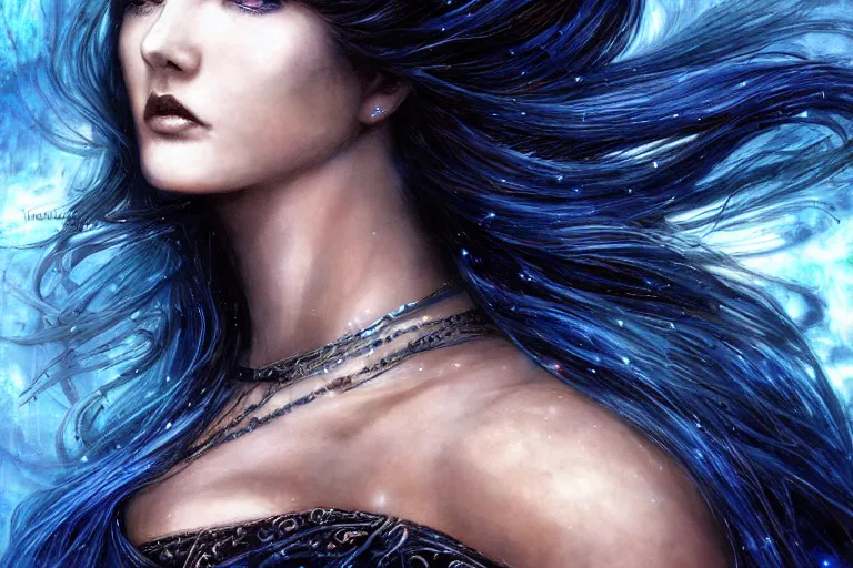 Image similar to masterpiece goddess of sorrow, realistic portrait, 3 0 years woman, melancholic face, long hair, digital painting by louis royo and julie bell, dark tenebrous blue background, one third composition, cinematic light, aura effect, some chaotic sparkles, wind, unreal engine, artstation, deviantart, pinterest